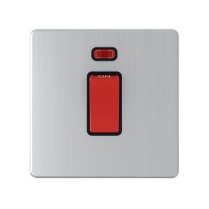 1 Gang 45A Double Pole Switch with Neon – Brushed Chrome Black Insert (Screwless Range)