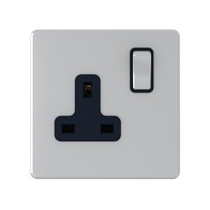 1 Gang 13A Switched Socket – Polished Chrome Black Insert (Screwless Range)
