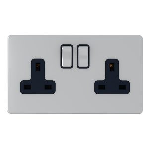 2 Gang 13A Switched Socket – Polished Chrome Black Insert (Screwless Range)