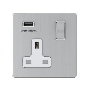1 Gang 13A Switched Socket with 1 USB Outlet – Brushed Chrome White Insert (Screwless Range)