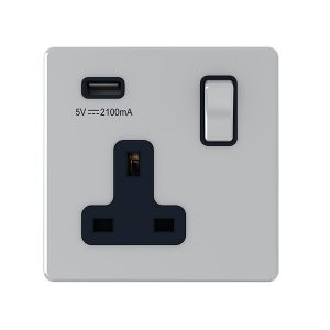 1 Gang 13A Switched Socket with 1 USB Outlet – Polished Chrome Black Insert (Screwless Range)