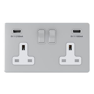 2 Gang 13A Switched Socket with 2 USB Outlets – Polished Chrome White Insert (Screwless Range)