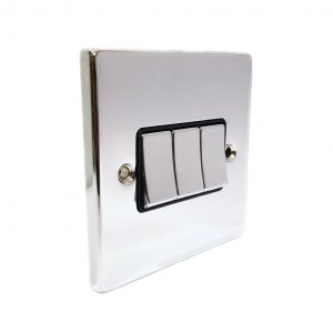 3 Gang 2 Way 10A Switch – Polished Chrome Black Insert (Decorative Range)