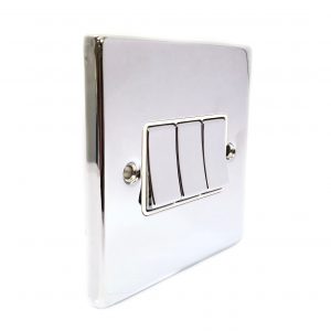 3 Gang 2 Way 10A Switch – Polished Chrome White Insert (Decorative Range)