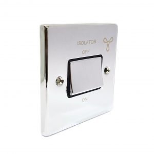 1 Gang Triple Pole 10A Fan Isolator Switch – Polished Chrome Black Insert (Decorative Range)