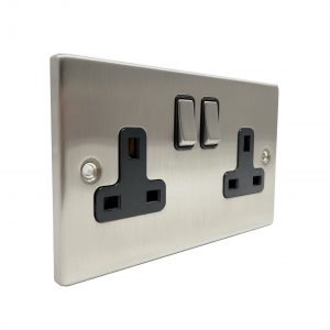 2 Gang 13A Switched Socket - Brushed Chrome Black Insert (Decorative Range) - Image 1