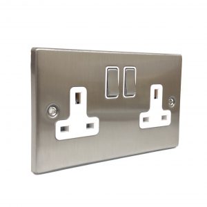 2 Gang 13A Switched Socket – Brushed Chrome White Insert (Decorative Range)