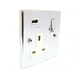 1 Gang 13A Switched Socket with 1 USB Outlet – Polished Chrome White Insert (Decorative Range)
