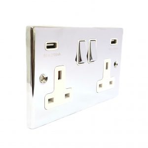 2 Gang 13A Switched Socket with 2 USB Outlets – Polished Chrome White Insert (Decorative Range)