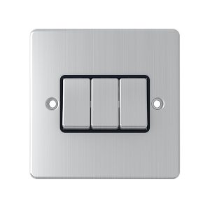 3 Gang 2 Way 10A Switch – Brushed Chrome Black Insert (Flat Plate Range)