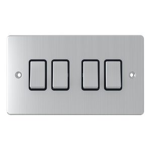 4 Gang 2 Way 10A Switch – Brushed Chrome Black Insert (Flat Plate Range)