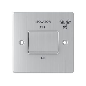 1 Gang Triple Pole 10A Fan Isolator Switch – Brushed Chrome White Insert (Flat Plate Range)