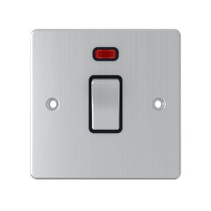 1 Gang 20A Double Pole Switch with Neon – Brushed Chrome Black Insert (Flat Plate Range)