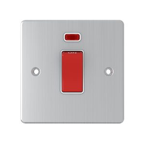 1 Gang 45A Double Pole Switch with Neon – Brushed Chrome White Insert (Flat Plate Range)