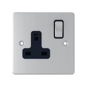 1 Gang 13A Switched Socket – Brushed Chrome Black Insert (Flat Plate Range)