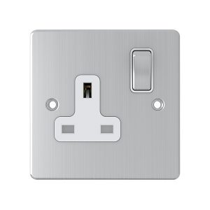 1 Gang 13A Switched Socket – Brushed Chrome White Insert (Flat Plate Range)