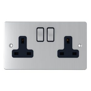2 Gang 13A Switched Socket – Brushed Chrome Black Insert (Flat Plate Range)