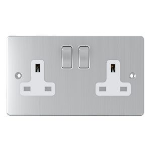 2 Gang 13A Switched Socket – Brushed Chrome White Insert (Flat Plate Range)