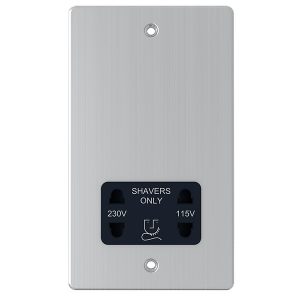 115/230V Dual Voltage Shaver Socket – Brushed Chrome Black Insert (Flat Plate Range)