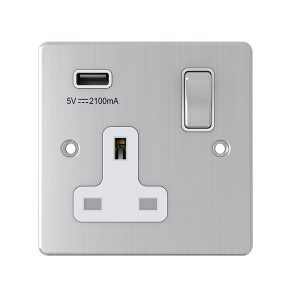 1 Gang 13A Switched Socket with 1 USB Outlet – Brushed Chrome White Insert (Flat Plate Range)