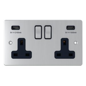 2 Gang 13A Switched Socket with 2 USB Outlets – Brushed Chrome Black Insert (Flat Plate Range)