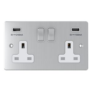 2 Gang 13A Switched Socket with 2 USB Outlets – Brushed Chrome White Insert (Flat Plate Range)