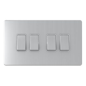 4 Gang 2 Way 10A Switch – Brushed Chrome White Insert (Screwless Range)
